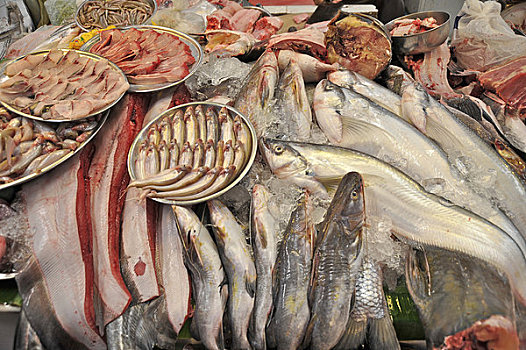 鱼肉,出售,市场货摊,曼谷,泰国
