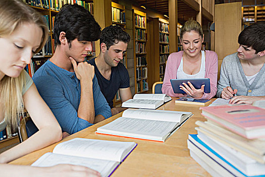 学生,学习,一起,图书馆,一个,平板电脑,大学