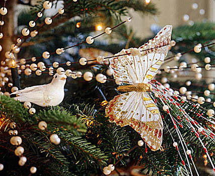 枝条,白色,亮片,鸽子,蝴蝶,装饰,圣诞树