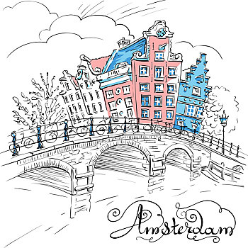 矢量,风景,阿姆斯特丹,运河,桥