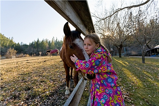 女孩,搂抱,马,草场,牧场,加利福尼亚