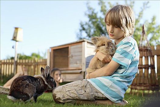 男孩,玩,兔子,花园