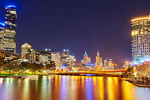 天际线,摩天大楼,亚拉河,夜晚,市中心,墨尔本,维多利亚,澳大利亚,大洋洲