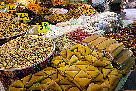 土耳其,麦地那,香料市场,老,集市,出售,糕点,坚果,调味品,胡椒,红辣椒,姜,咖哩,牛至,姜黄,桂皮