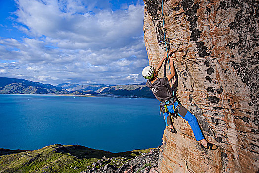 男青年,攀登,砂岩,岩石面,南,格陵兰