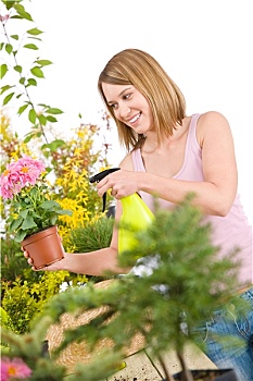 园艺,女人,泼洒,水,植物