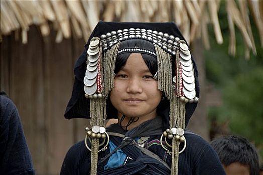 女青年,阿卡族,部落,传统头饰,装饰,硬币,禁止,省,老挝,东南亚