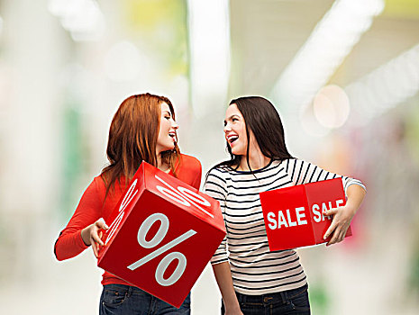 购物,销售,商场,礼物,两个,微笑,少女,百分比,标识,红色,盒子,购物中心