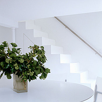 白色,房间,花瓶,桌子,阶梯,不锈钢,栏杆,轨道