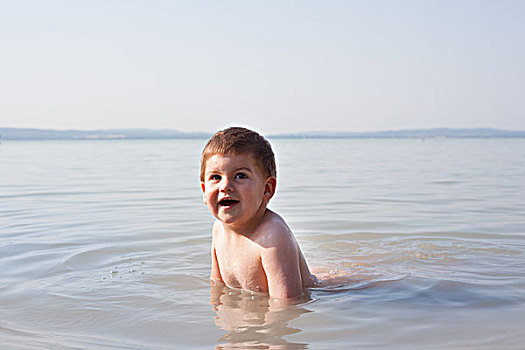 男孩,玩,水中,户外