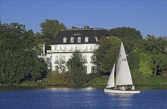 帆船,正面,别墅,湖,汉堡市,德国