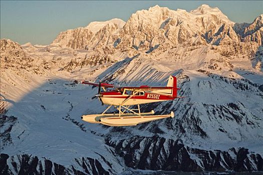 水上飞机,阿拉斯加山脉,上方,冰河,日落,阿拉斯加