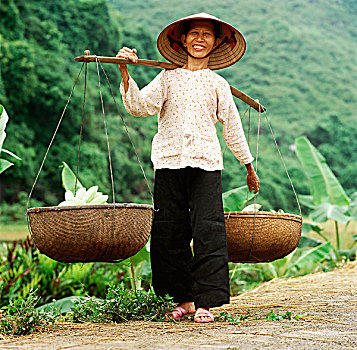 越南,下龙湾,岛屿,老,女人,香蕉