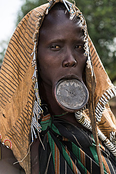 女人,嘴唇,盘子,头饰,头像,部落,摩西族,南方,区域,埃塞俄比亚,非洲
