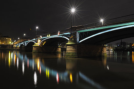 桥,上方,河,夜晚,法兰克福,黑森州,德国