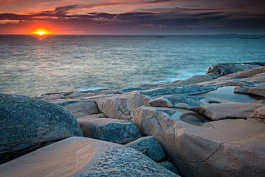 石头,日落,晚间,气氛,海岸线,靠近,布胡斯,省,瑞典,欧洲