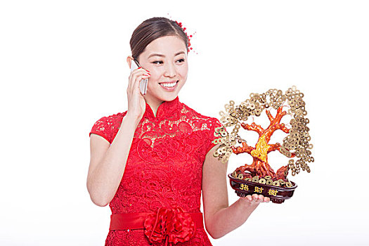 年轻,亚洲女性,红色,旗袍,手机,幸运,树,春节