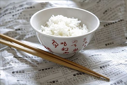米饭,亚洲,碗,报纸,筷子,旁侧