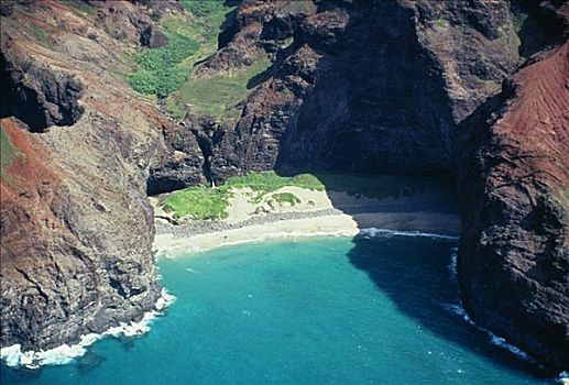 夏威夷,考艾岛,纳帕利海岸,俯视,小,隔绝,海滩,隐藏,齿状,悬崖