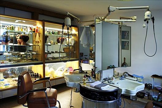 复古,理发店,20世纪50年代,弗兰克尼亚,巴伐利亚,德国,欧洲