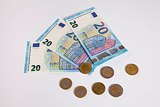 钞票,20欧元,硬币