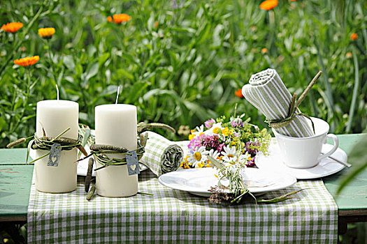 蜡烛,花,野花,放置,花园桌