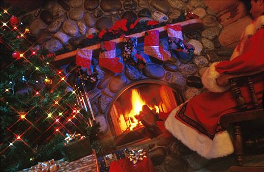圣诞老人,睡觉,椅子,壁炉,圣诞树