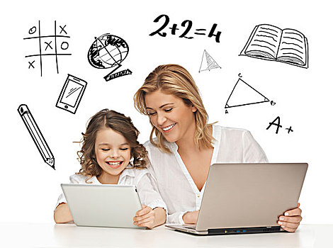 教育,科技,互联网,亲情,概念,女孩,母亲,笔记本电脑
