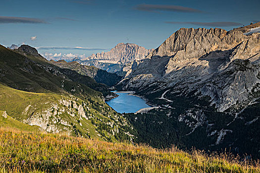 欧洲,意大利,阿尔卑斯山,白云岩,山,马尔莫拉达峰,湖