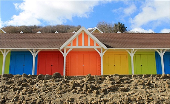 排,彩色,海滩,木制屋舍