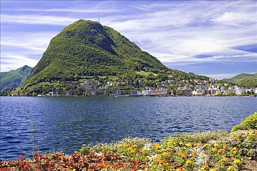 山,一个,两个,山峦,卢加诺,湖,瑞士,欧洲