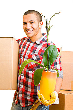 男人,植物,纸箱,帮助,搬家