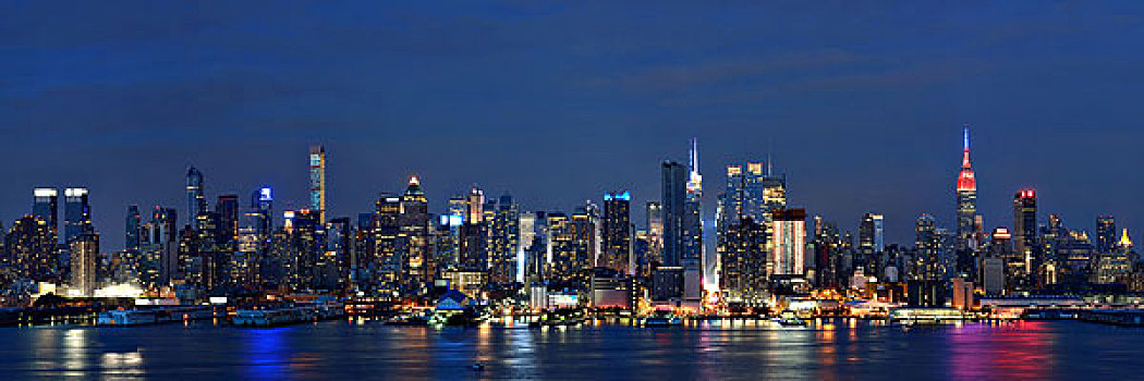 曼哈顿,市中心,摩天大楼,纽约,天际线,黄昏