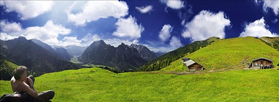 远足者,全景,翠绿,高山牧场,奥地利,欧洲
