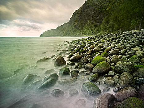 海滩,苔藓密布,石头,夏威夷大岛,夏威夷,美国,北美