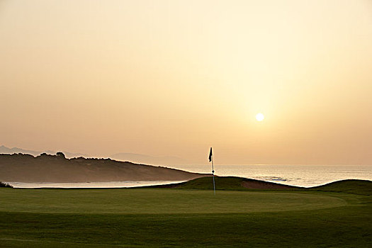 日落,上方,海洋,高尔夫球场