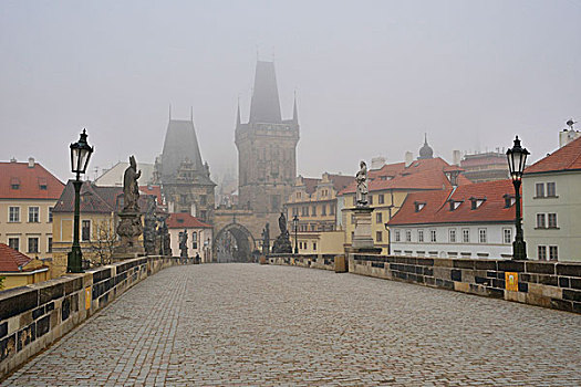 捷克共和国,布拉格,查理大桥,大门,晨雾,旅游,俯视,桥