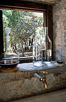 玻璃瓶,玻璃器具,线条,台架,厨房,窗户,俯瞰,花园,橄榄树
