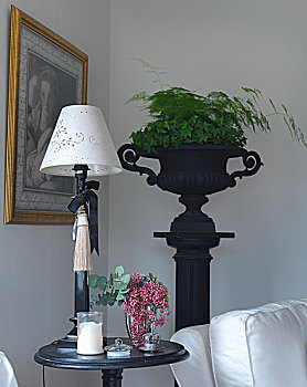 台灯,白色,灯罩,圆,边桌,观叶植物,黑色,老式,坛罐,方形底座,背景