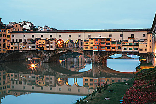 中世纪,维奇奥桥,上方,阿尔诺河,中心,佛罗伦萨,建筑,反射,水