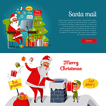 收集,圣诞快乐,圣诞老人,邮件,卡通,风格,矢量,读,上网,信,靠近,装饰,圣诞树,新年,文字,投掷,礼盒,烟囱