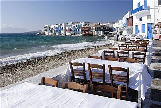 桌子,餐馆,水岸,正面,小威尼斯,地区,米克诺斯岛,基克拉迪群岛,希腊,欧洲