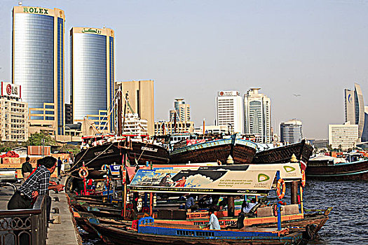 阿联酋,迪拜,德伊勒,天际线,独桅三角帆船,船,码头