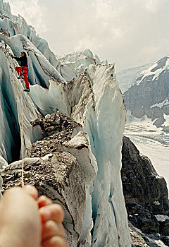仰视,一个,男人,攀登,冰,遮盖,悬崖,碧玉国家公园,艾伯塔省,加拿大