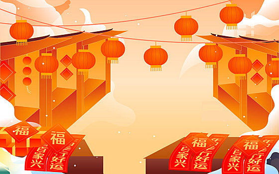2023兔年春節年貨節家人趕集逛超市插畫