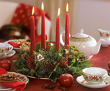 降临节花环,绿色,红色,圣诞气氛,茶桌