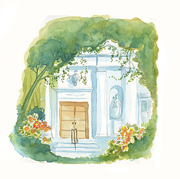 插画,图像,宁和,房子,遮盖,绿色植物
