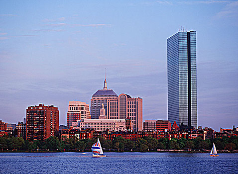 美国,波士顿,天际线,查尔斯河,帆船