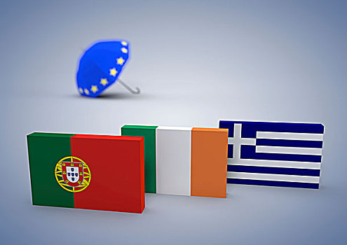 旗帜,葡萄牙,爱尔兰,希腊,欧元,救助,伞,象征,图像,危机,插画