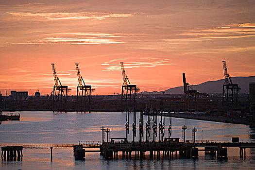 港口,日落,巴塞罗那,西班牙